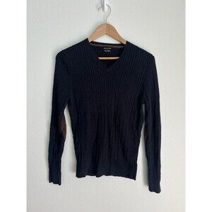 Massimo Dutti Cable Knit Sweater V-Neck Wool Cashmere Blend Suede Elbow Patch S